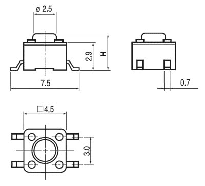 TS-08-038   кнопка тактовая 4,5x4,5, h = 3,8 мм, SMD (рис.2)