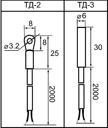 Габаритные размеры термодатчиков ТД-2 и ТД-3