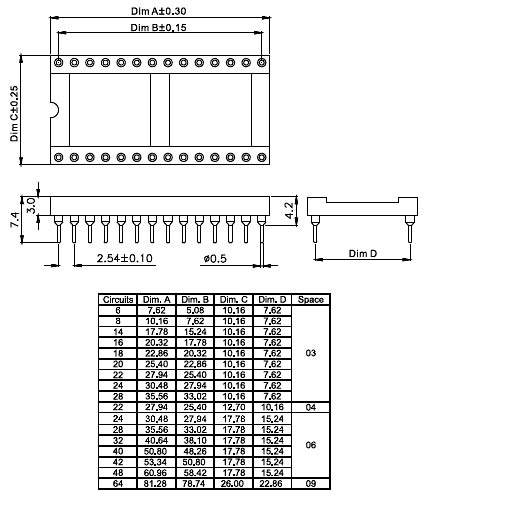 TRS-20   панелька под м/с, цанговая, 20 конт., DIP (узкая), шаг 2.54мм (рис.2)