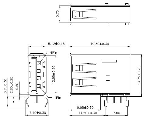 USBA-1J-UP USB розетка на плату,A, боковые выводы (рис.2)