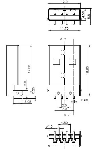 USBA-1P-R USB вилка на плату,A, угловая (рис.2)