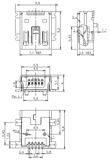 USBB/M-1J-5 миниUSB розетка на плату, B, SMD, 5 конт. (рис.2)