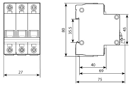 ВА-9-3 4,5кА трёхполюсный автомат 9мм, 16А ВА-9-3 4,5кА трёхполюсный автомат 9мм, 16А